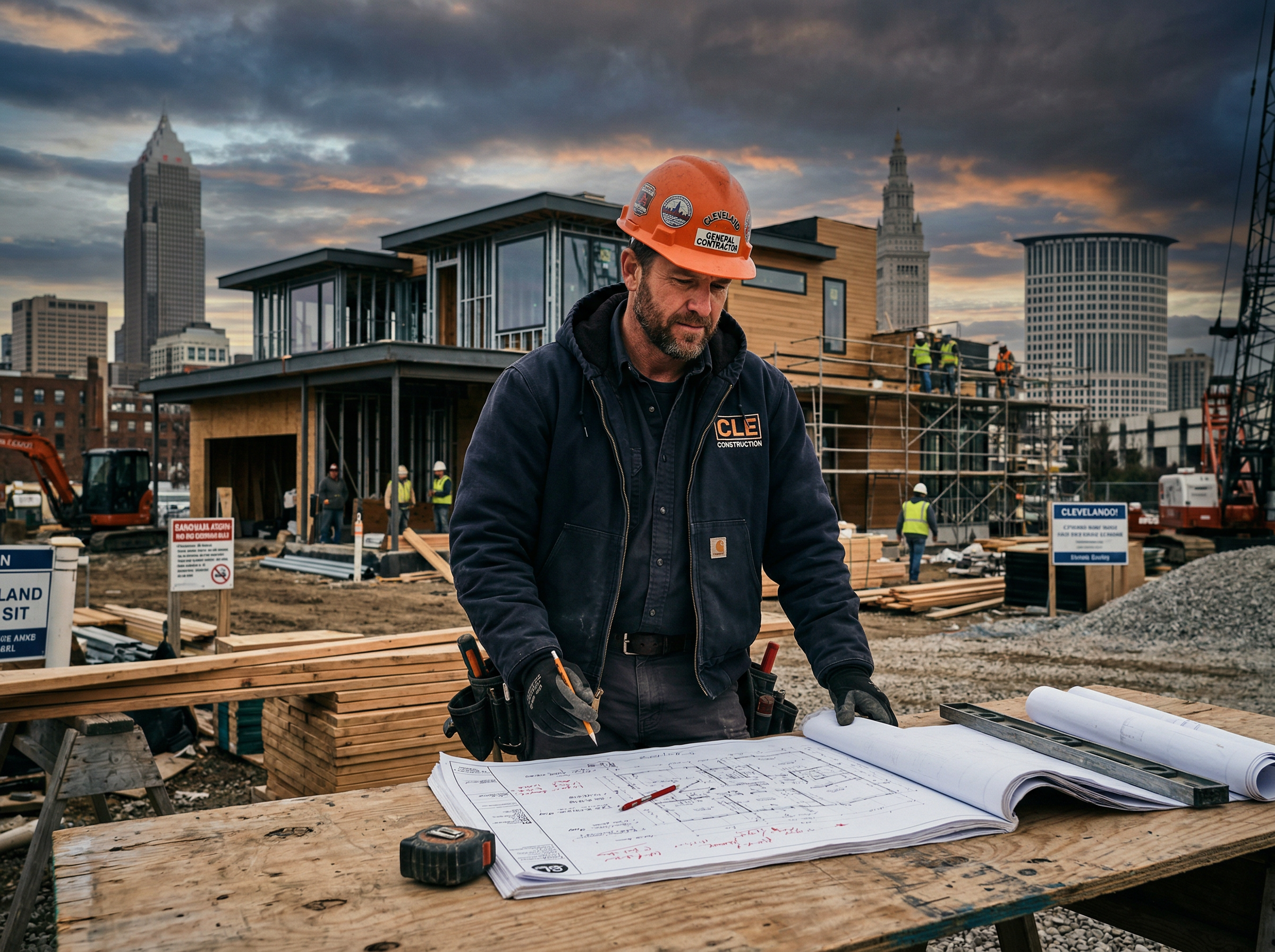 Trinity Contracting general contractor reviewing blueprints on a Cleveland construction site