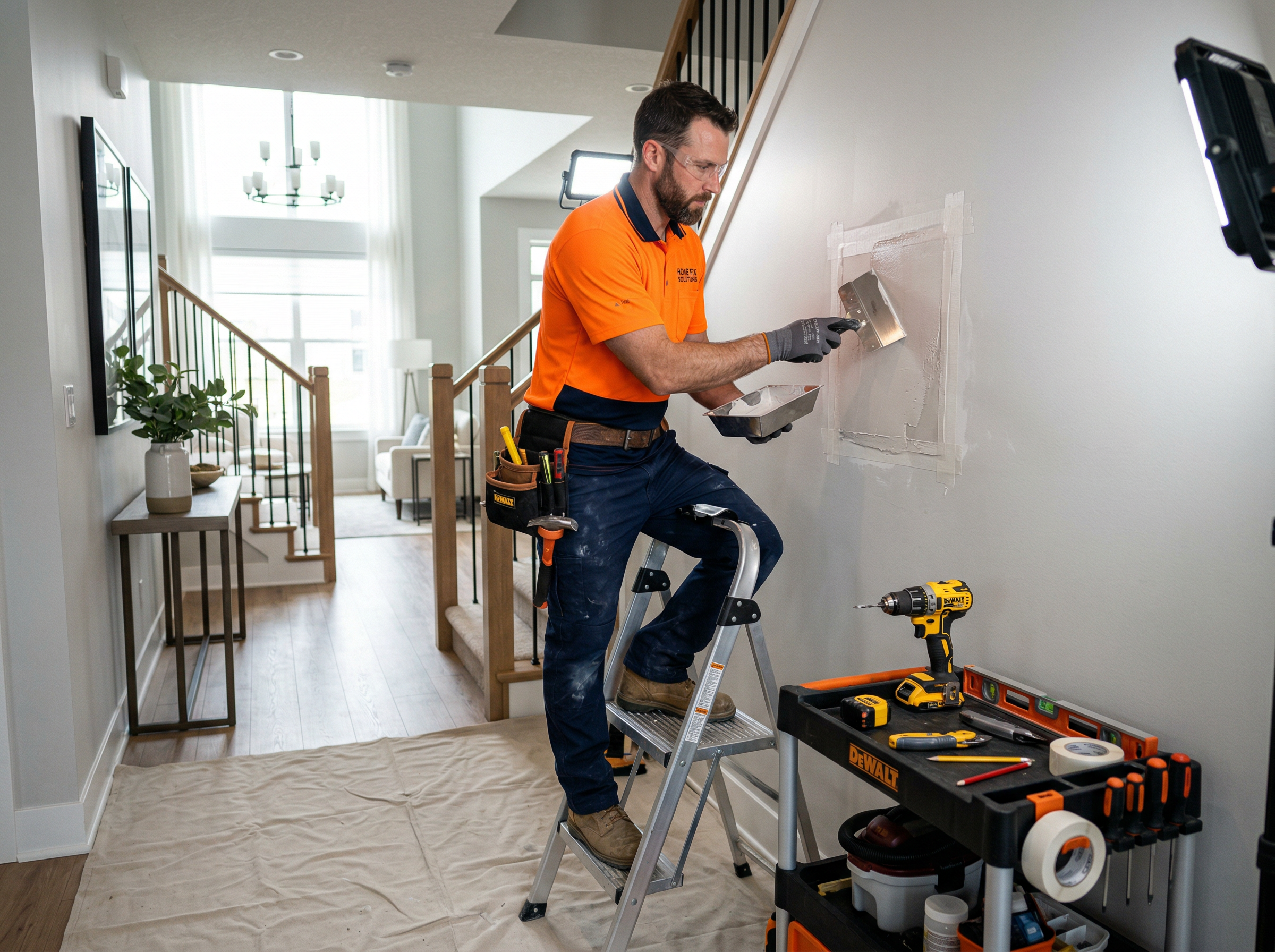Trinity Contracting handyman performing drywall repair in a modern Cleveland home