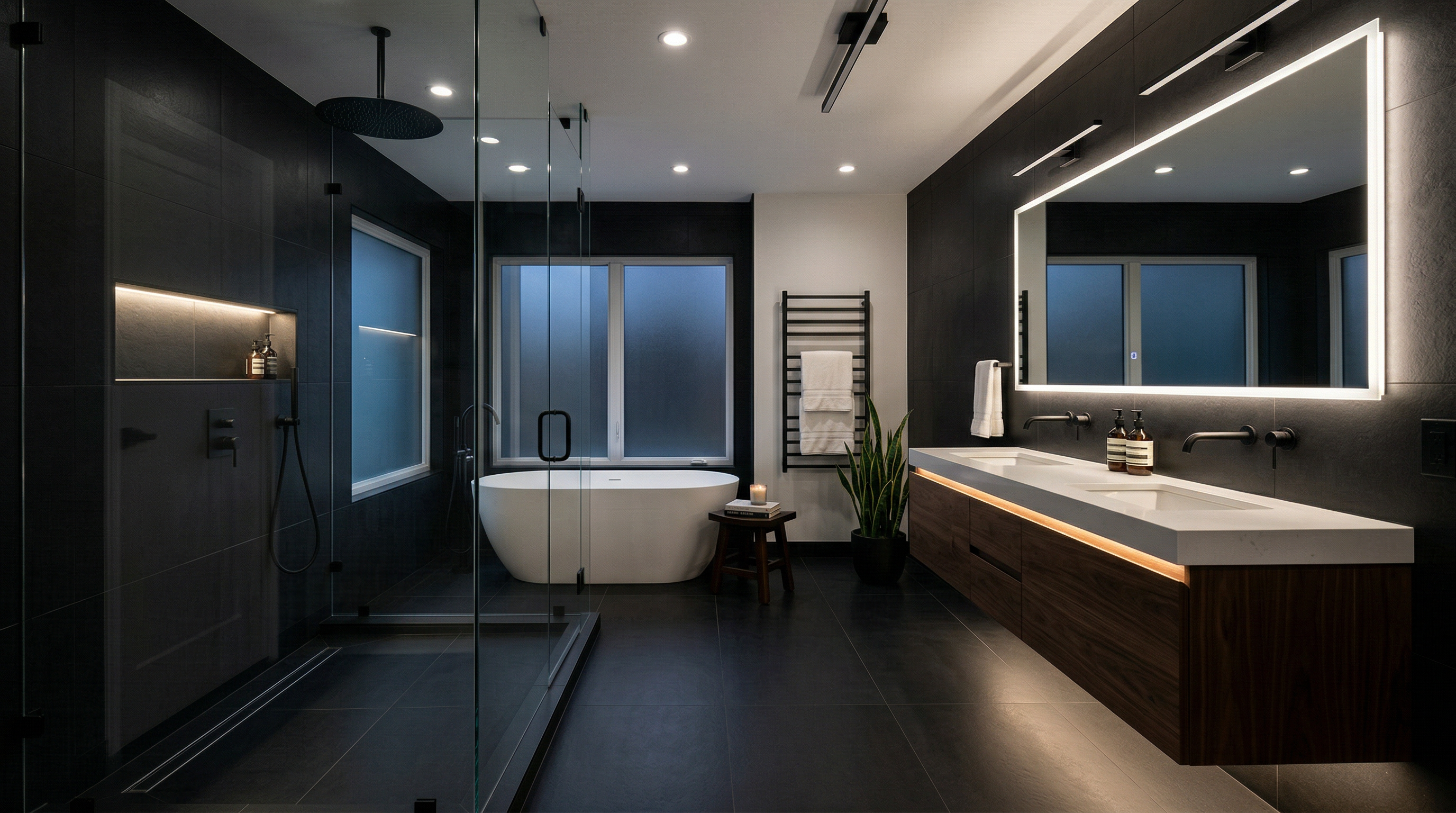 Sleek modern master bathroom remodel with frameless glass shower
