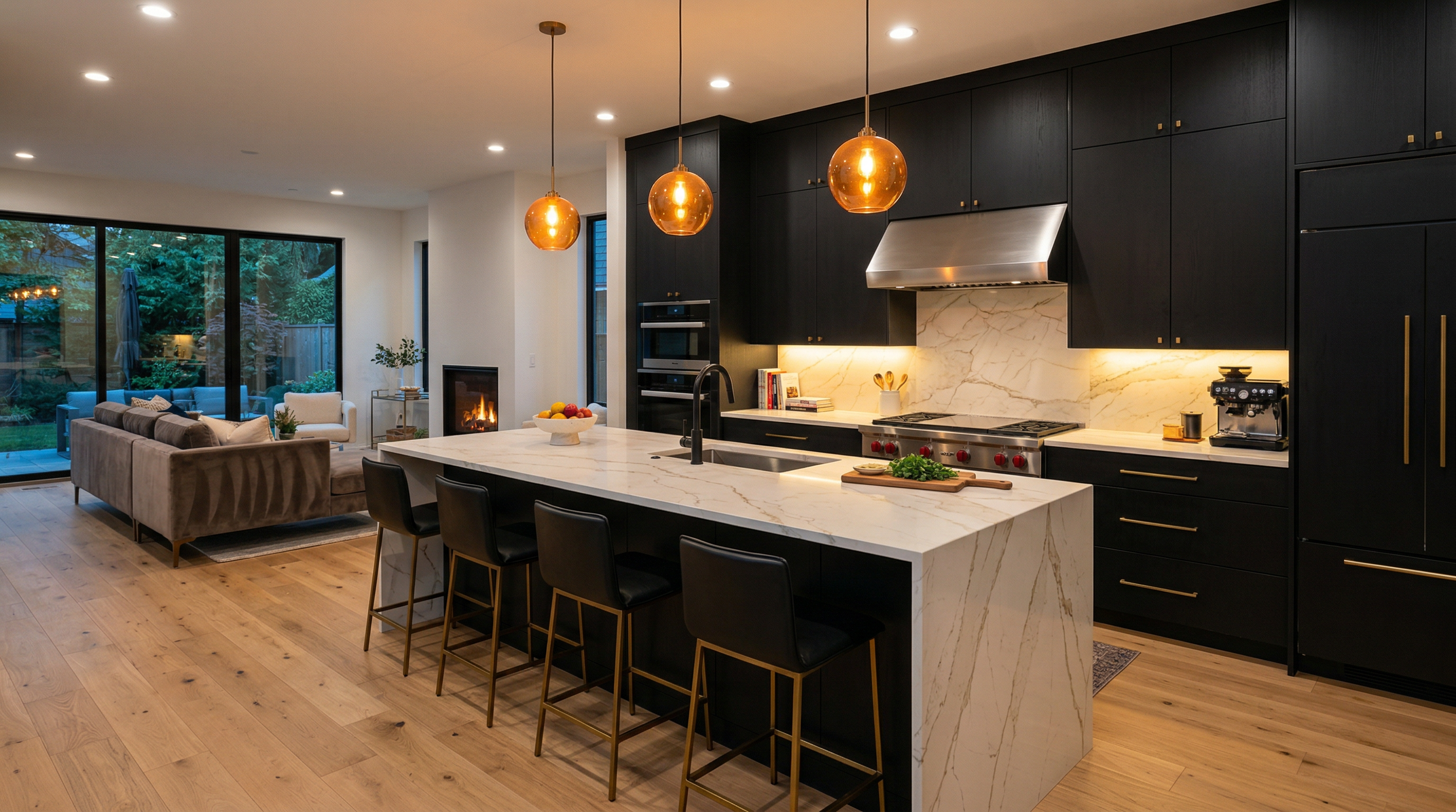 Luxury kitchen remodel with black cabinetry and quartz countertops